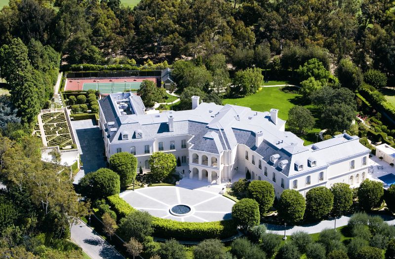 Aerial view of a white mansion